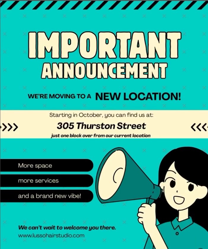 Infographic of Lusso Hair Studio in Winston-Salem, NC, announcing a location move and expansion in October 2025.