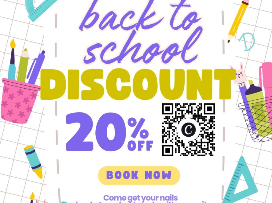 Back to school 20% off nail service promotion flyer for Meg at Lusso Hair Studio & Spa in Winston-Salem, NC