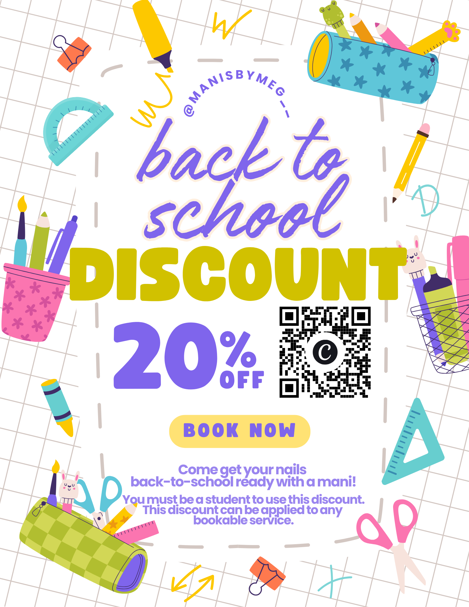 Back to school 20% off nail service promotion flyer for Meg at Lusso Hair Studio & Spa in Winston-Salem, NC